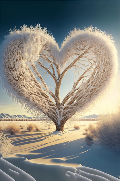Albero a forma di cuore nel mezzo di un campo nevoso ai generativo