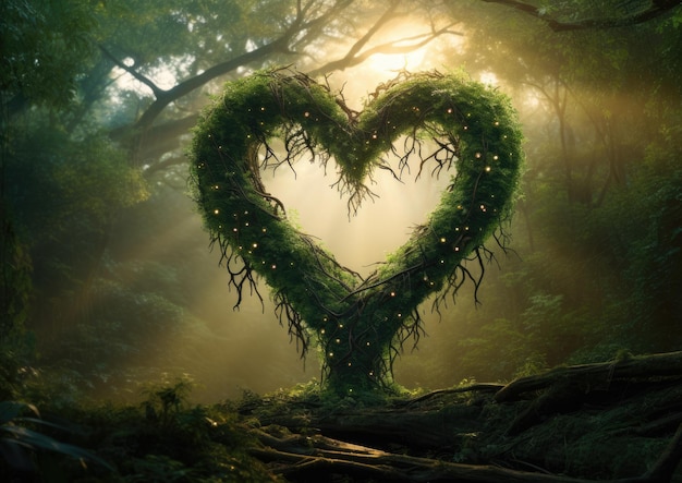 Albero a forma di cuore nella foresta con sfondo nebbioso concetto d'amore