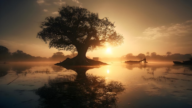 Albero a silhouette panoramica al centro di un lago con il riflesso del tramonto dell'ora d'oro sull'acqua