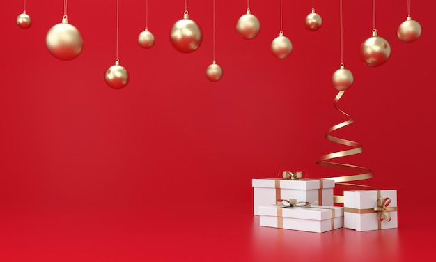 Albero a spirale di Natale e regali intorno e palle d'oro dell'albero di Natale su sfondo rosso. Rappresentazione 3D.
