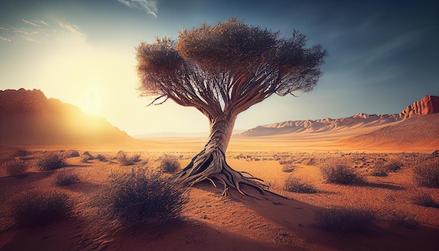 Albero africano nel deserto al tramontogenerativo ai