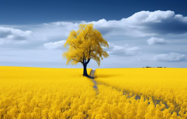 Albero al centro di un campo di stupro giallo rendering 3D