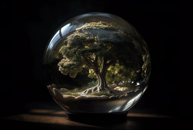 Albero all'interno di una sfera di vetro che rappresenta il concetto di ambiente IA generativa
