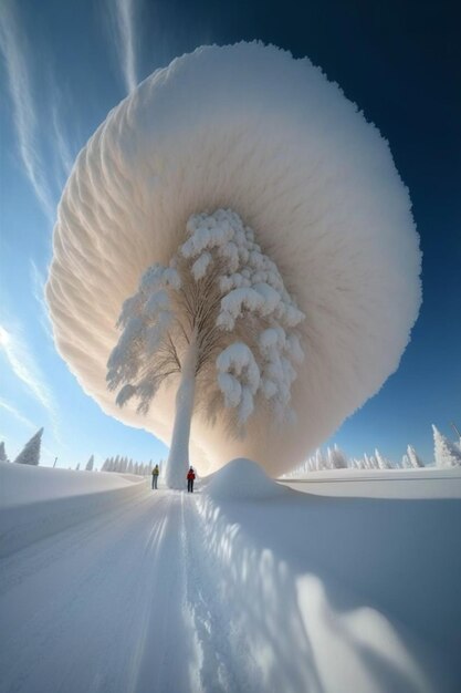 albero arafed con neve su di esso e una persona che cammina nella neve generativo ai