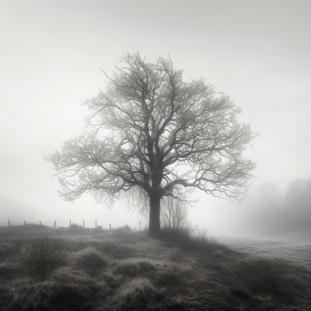 albero arafed in un campo nebbioso con una recinzione generativa ai