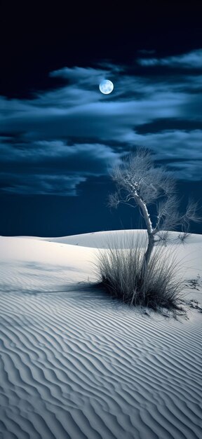 Albero arafed nel mezzo di un deserto con una luna piena sullo sfondo ai generativo