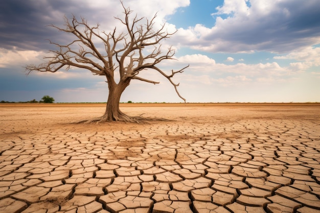 Albero asciutto tra il terreno asciutto del deserto sotto un cielo nuvoloso