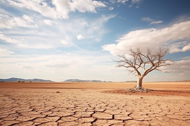 Albero asciutto tra il terreno asciutto del deserto sotto un cielo nuvoloso