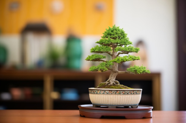 Albero bonsai all'interno di un vaso rotondo di ceramica verde