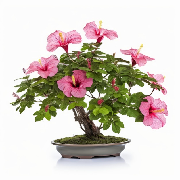 Albero Bonsai Di Ibisco Rosa Su Sfondo Bianco