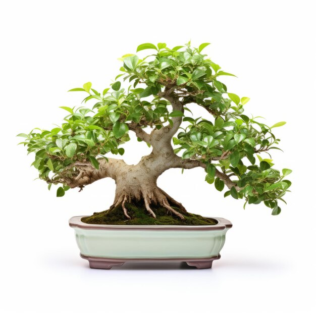 Albero Bonsai di ispirazione asiatica in vaso verde su sfondo bianco