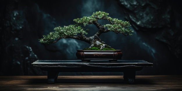 Albero bonsai su sfondo scuro Minimalismo Foto di alta qualità AI generativa