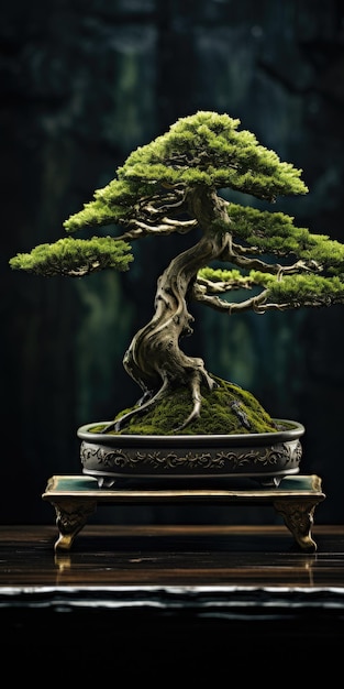 Albero bonsai su sfondo scuro Minimalismo Foto di alta qualità AI generativa