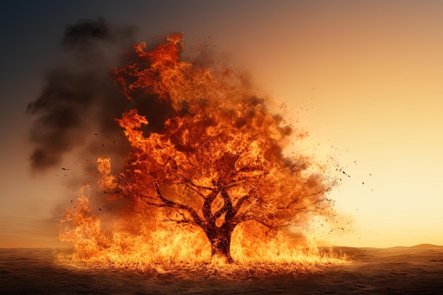 albero bruciante solitario in fiamme