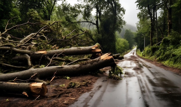 Albero caduto sulla strada nella foresta La distruzione della natura