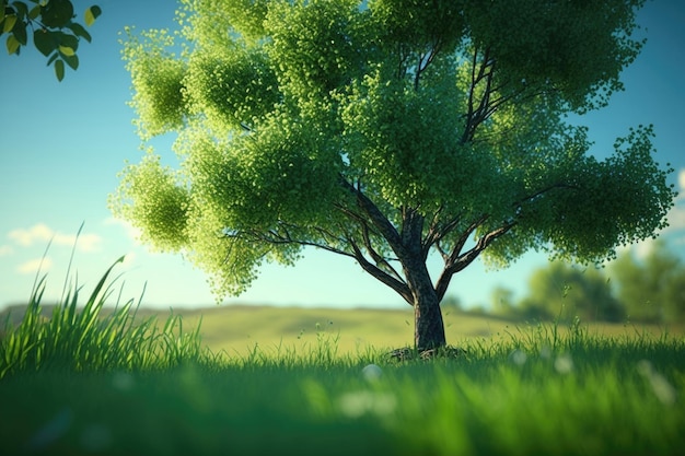 Albero campo verde e cielo blu Illustrazione AI Generativo