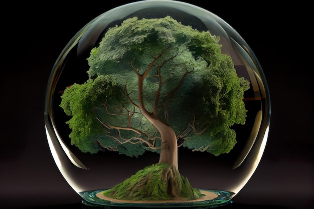 Albero che cresce all'interno della bolla della sfera di vetro Conservazione della natura concetto di eco consapevolezza AI generativo