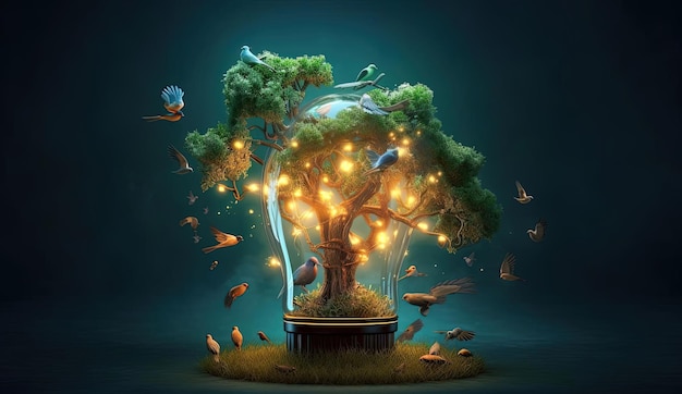 albero che cresce in una lampadina con sopra degli uccelli