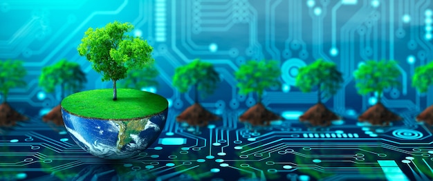 Albero che cresce su metà della terra con erba verde e farfalle Digital and Technology Convergence Green Computing Green Technology Green IT csr ed etica IT Concept Image fornita dalla NASA