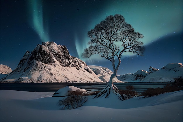 Albero che sta nella neve ai generativo