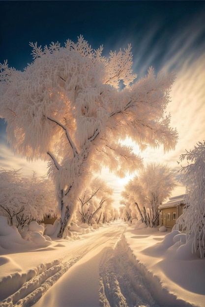 Albero che sta nella neve ai generativo