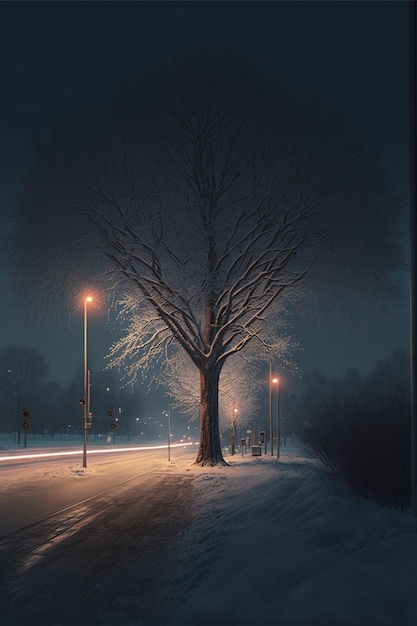 Albero che sta nella neve ai generativo