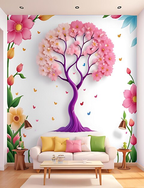 Albero colorato astratto 3d con foglie su rami pendenti illustrazione sfondo ai generativa