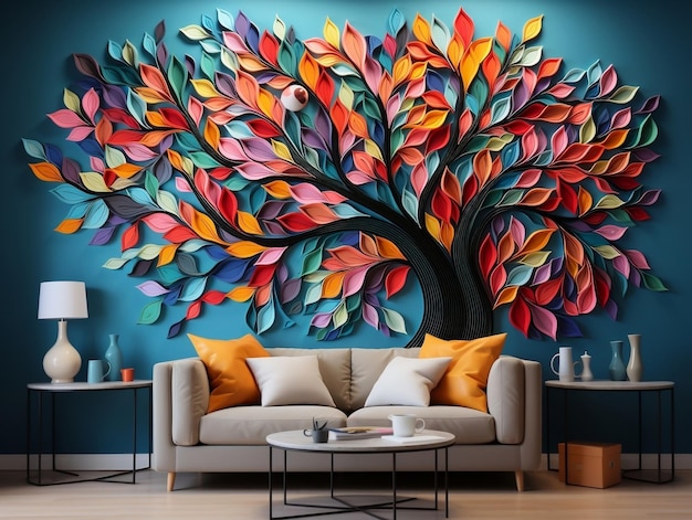 Albero colorato con foglie su rami pendenti 3d decorazione murale per pareti interne