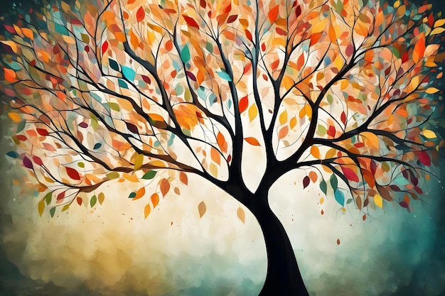 Albero colorato con foglie sui rami appesi sfondo illustrato