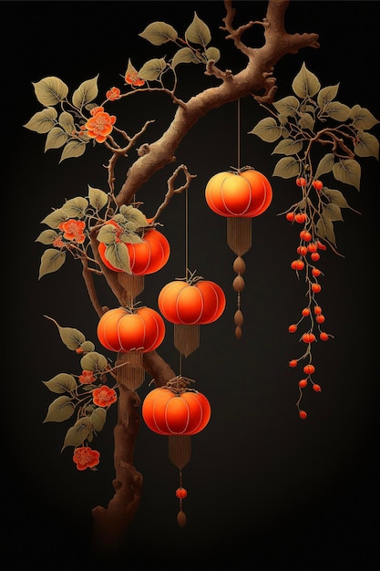Albero con lanterne arancioni appese ai suoi rami generativo ai
