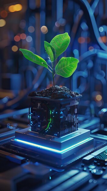 Albero con suolo che cresce sul punto di convergenza della scheda di circuito del computer Luce blu e sfondo di rete a filo Verde Computing Tecnologia verde Illustrazione generata da AI