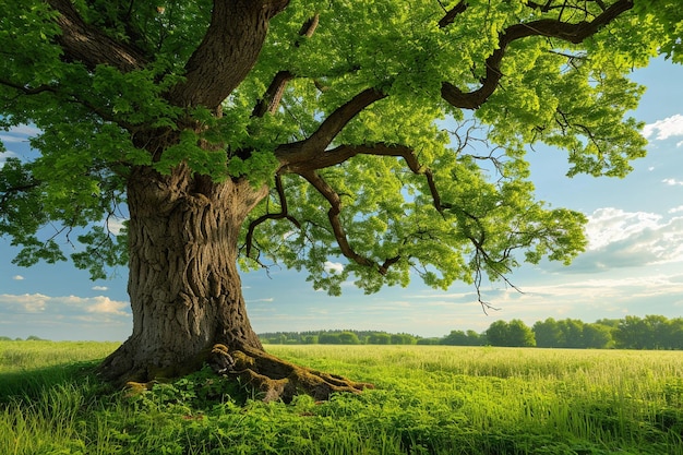 Albero con un enorme tronco di albero in un campo