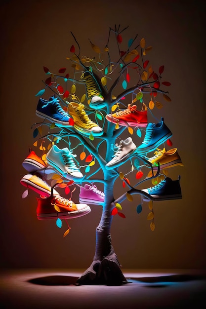 Albero con un mazzo di scarpe appese ai suoi rami a forma di tendiscarpe IA generativa