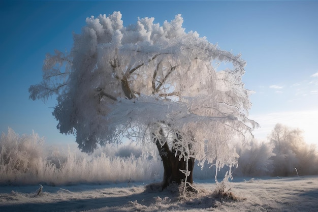 Albero congelato coperto di ghiaccio scintillante e neve