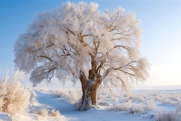 Albero congelato sul campo invernale e cielo blu