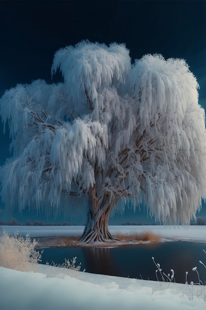 Albero coperto di neve accanto a uno specchio d'acqua ai generativo