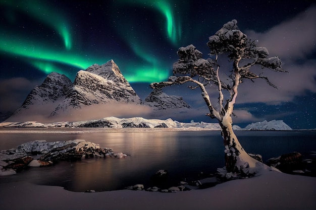 Albero coperto di neve accanto a uno specchio d'acqua ai generativo