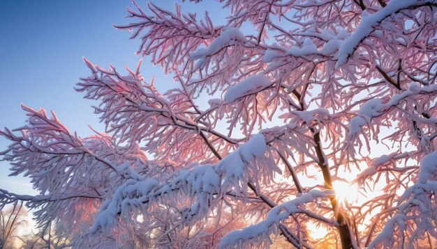 Albero coperto di neve con il sole che splende attraverso i rami ghiacciati ai generati