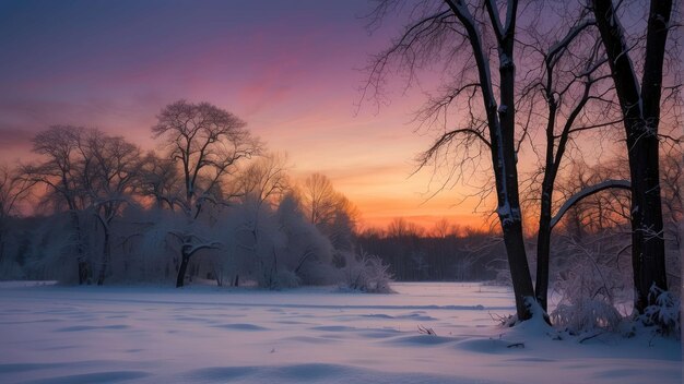 Albero coperto di neve in un paesaggio invernale al tramonto