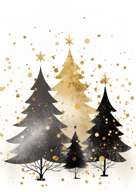 albero d'oro nero punti stelle illustrazione incandescente aria scintillante piccola foresta felice vignetta che emette