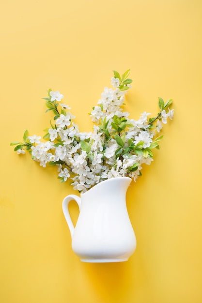 Albero da frutto di fioritura della ciliegia dei fiori bianchi del mazzo in vaso su giallo. Vista dall&#39;alto.