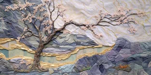 albero decorato con fiori su una parete rocciosa con una montagna sullo sfondo ai generativa