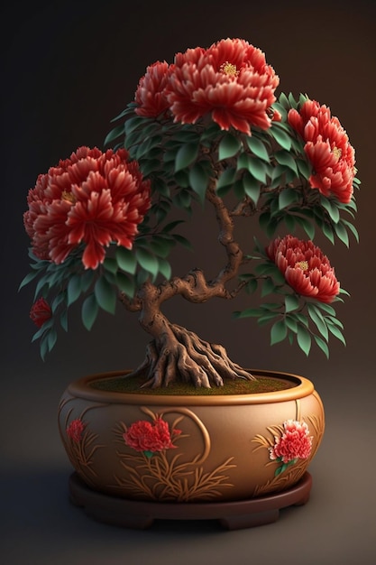 Albero dei bonsai con i fiori rossi in un vaso marrone ai generativo