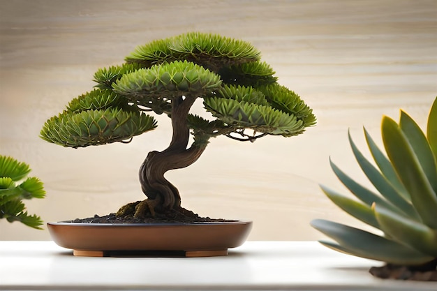 albero dei bonsai in una ciotola con un vaso di piante grasse