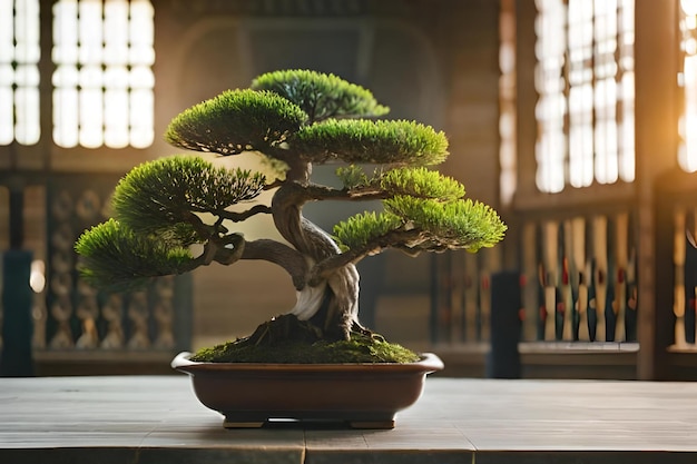 Albero dei bonsai in una pentola con una luce sullo sfondo