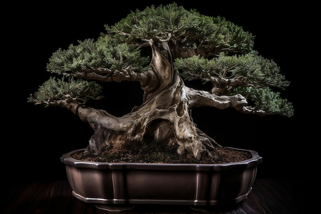 Albero dei bonsai invecchiato isolato su sfondo nero ai generativo