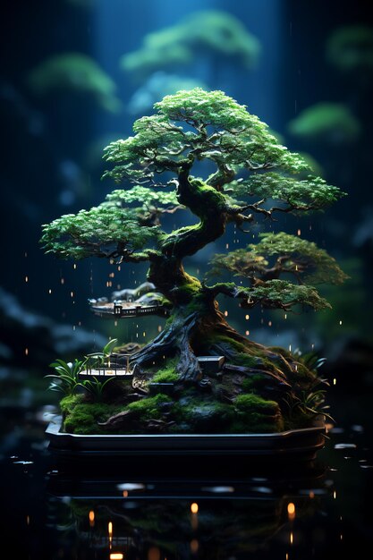 Albero dei bonsai seduto sopra un tavolo di legno AI generativa