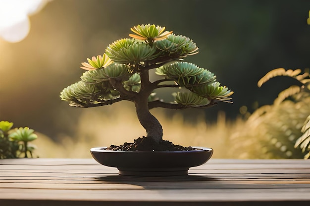 albero dei bonsai su un tavolo con un vaso giallo.