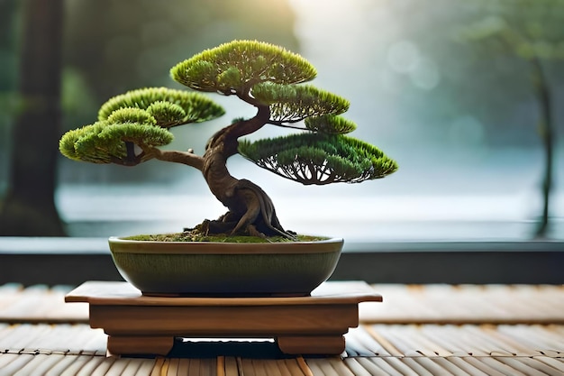 Albero dei bonsai su un tavolo davanti a una finestra.