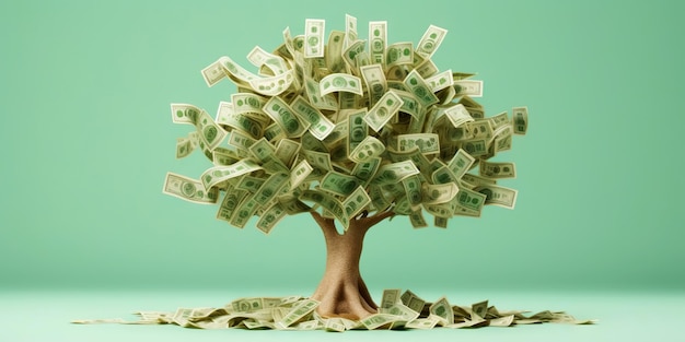 Albero dei soldi su sfondo verde chiaro Foglie come banconote da un dollaro Concetto di investimento IA generativa